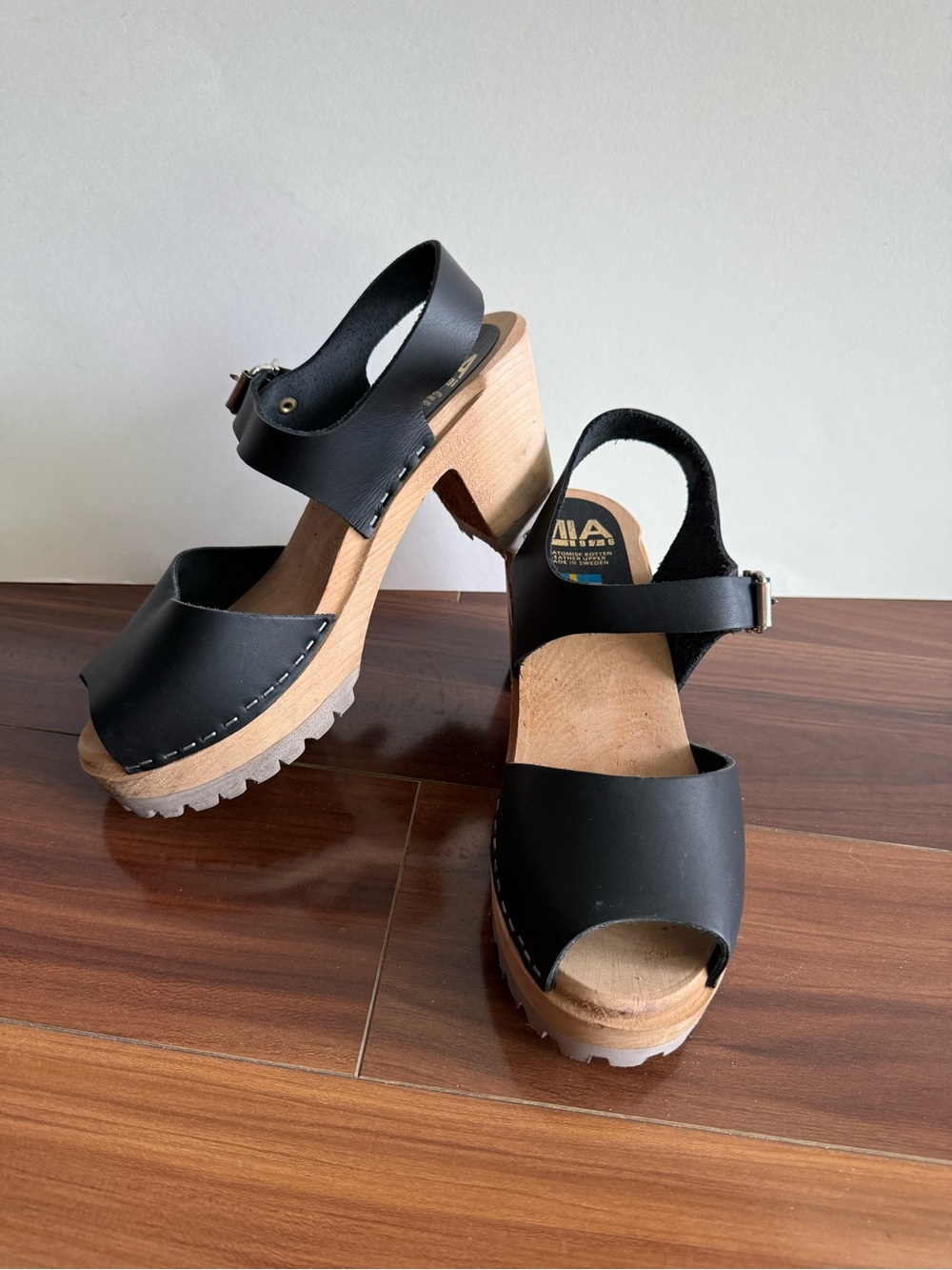 Mia Abba Mule Leather Suede Ankle Strap Wooden HighHeel Black Women Size 8.5/39